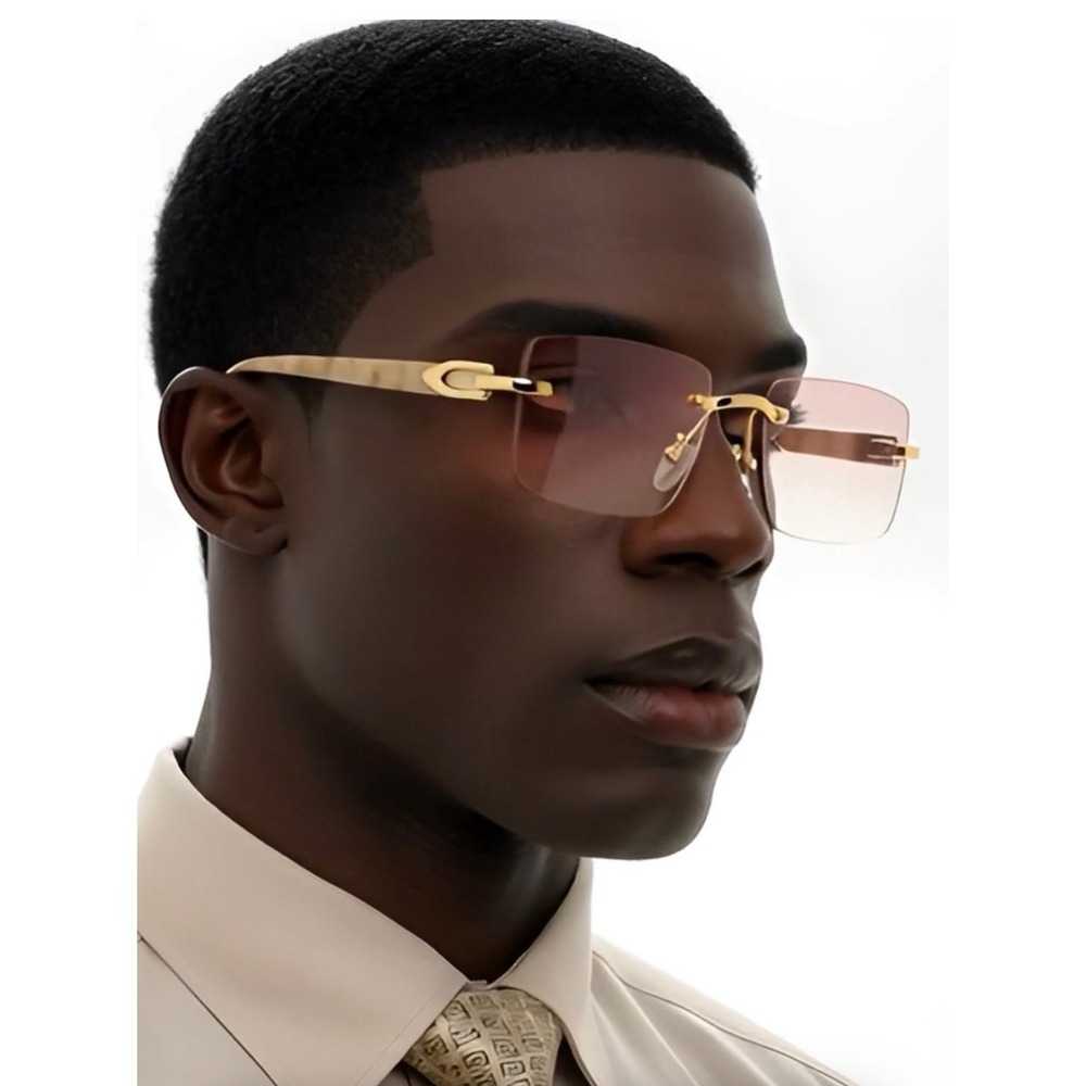 Mens Rimless Rectangle Sunglasses‎ Gold Pink Gradient Lens Marble C-Decor Hinge